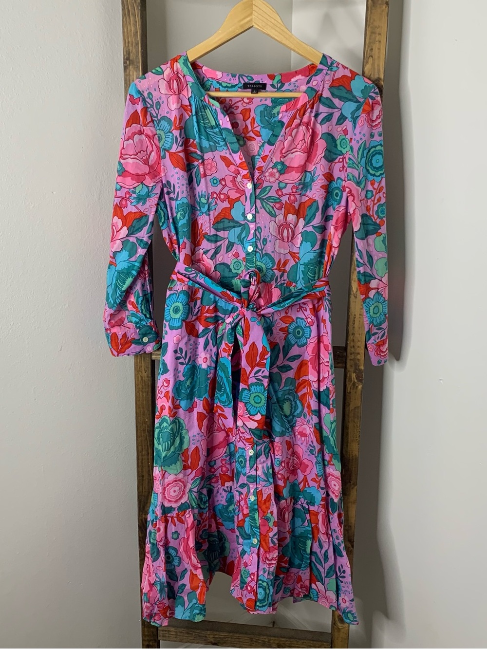 Talbots Floral Pink & Teal Midi Dress with Tie Waist Size 6